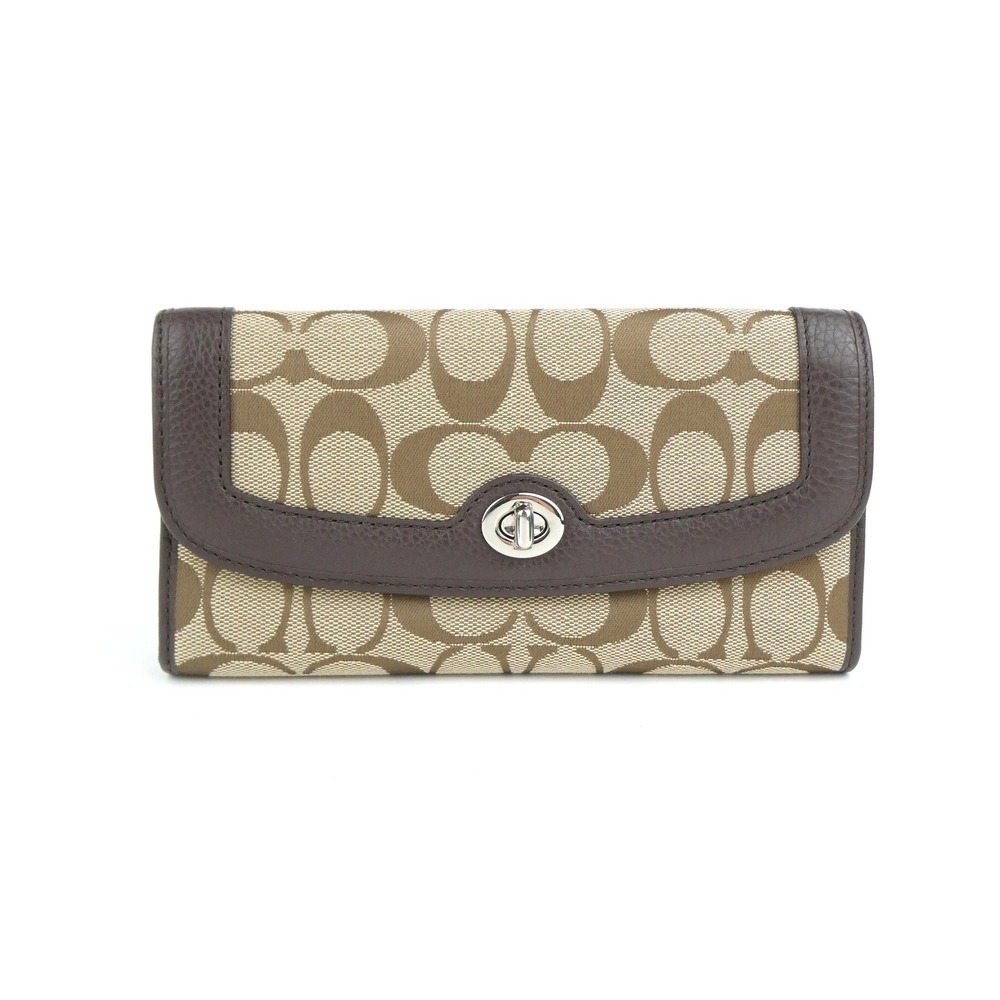 Coach Signature Khaki Brown Turn Lock Trifold Wallet